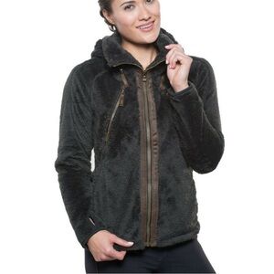 Kuhl Women’s Flight Jacket Raven Gray Italian Fleece Faux Leather Trim Hood S